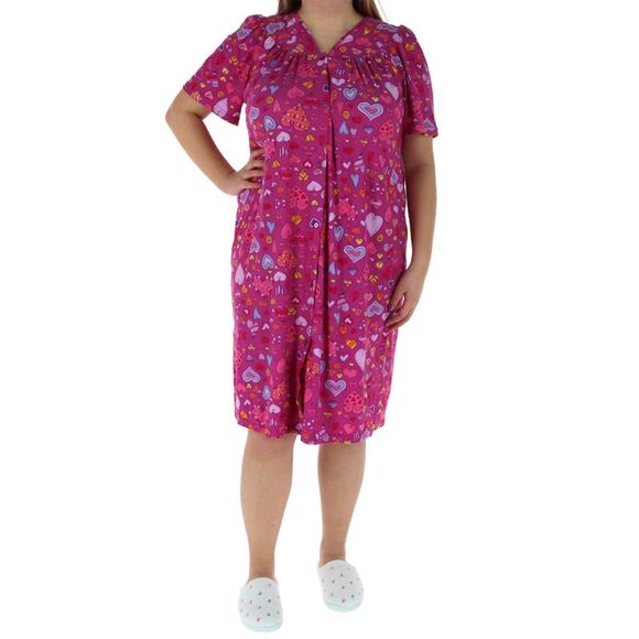 Elegant Emily Women's Pink Hearts Short Sleeve Button Down Duster - Picture 2 of 4